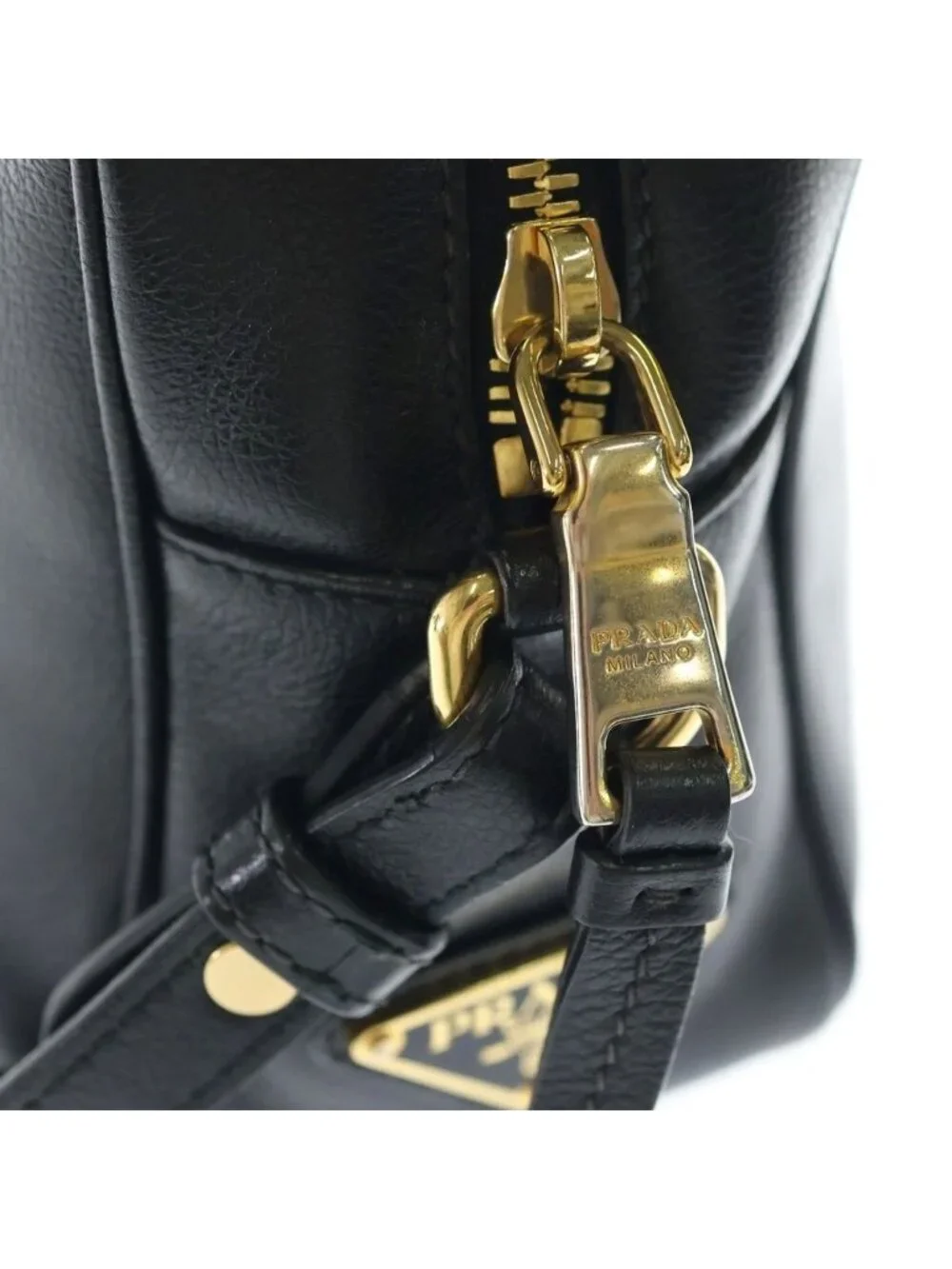 Prada Embossed Logo Shoulder Bag Black Leather Gold